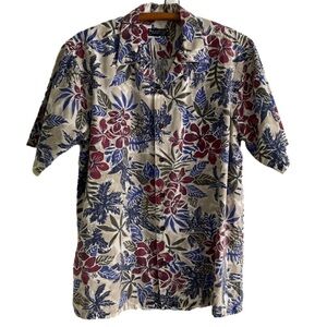 VTG Nautical Shirt Tropical Button Down Short Sleeve Pocket Blue+Red Hues Mens M